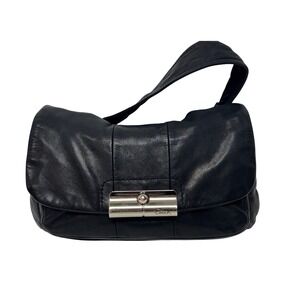 Coach Black Leather Shoulder Bag Flap Turnlock Closure Silver Hardware Hobo‎